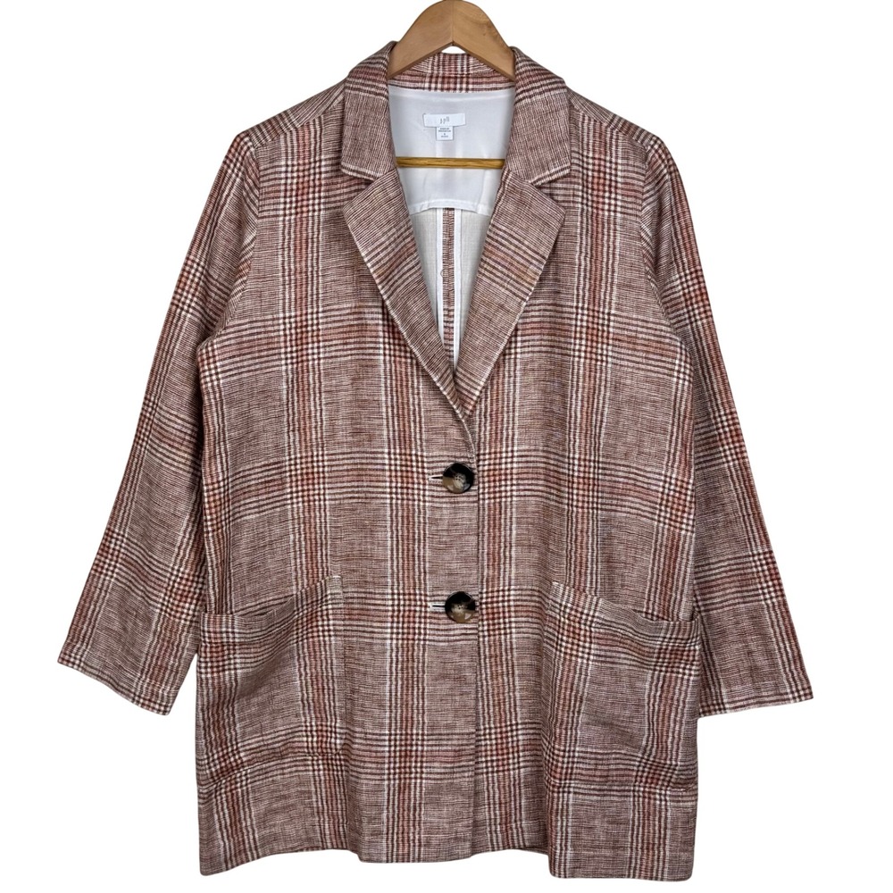 J. Jill Plaid Blazer Womens S Petite Henna Multi Linen Blend Lightweight Career‎